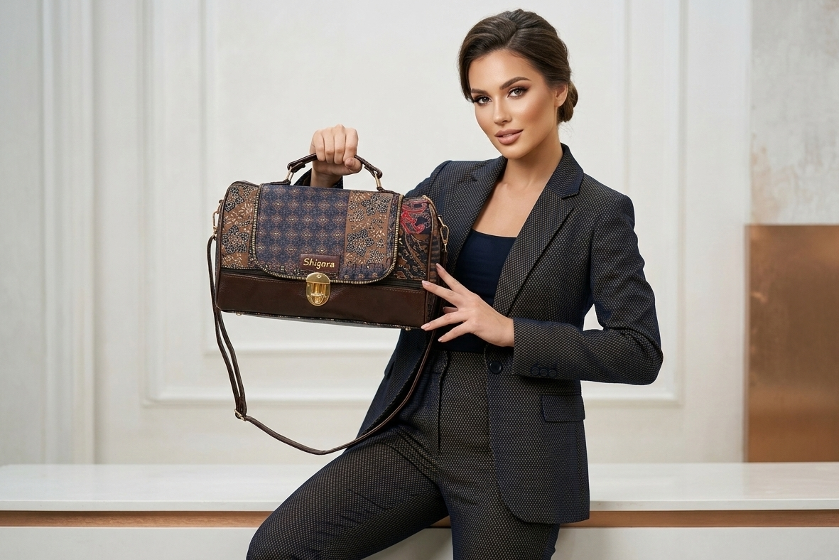 Brown Heritage Print Large Satchel Bag