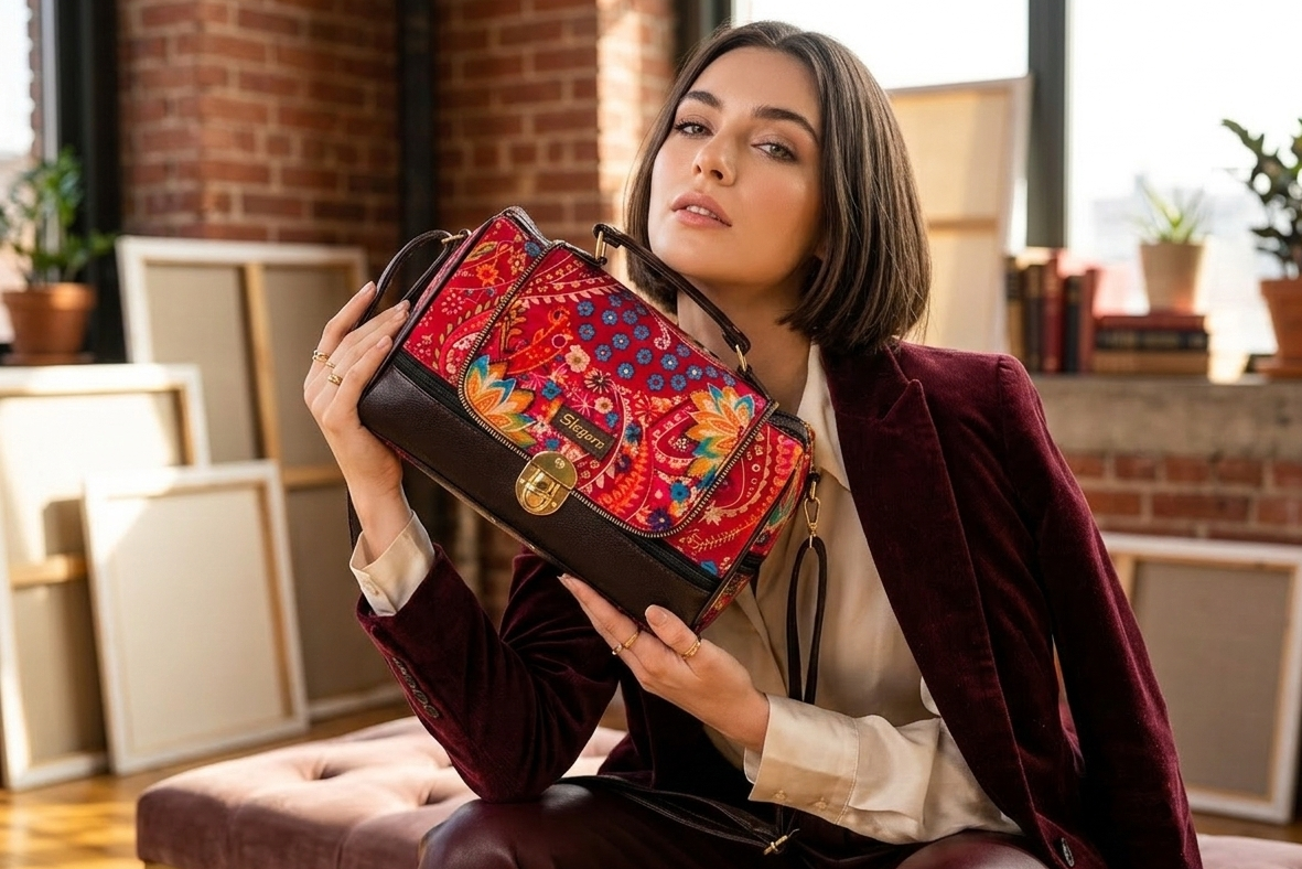 Red Floral Print Large Satchel Bag