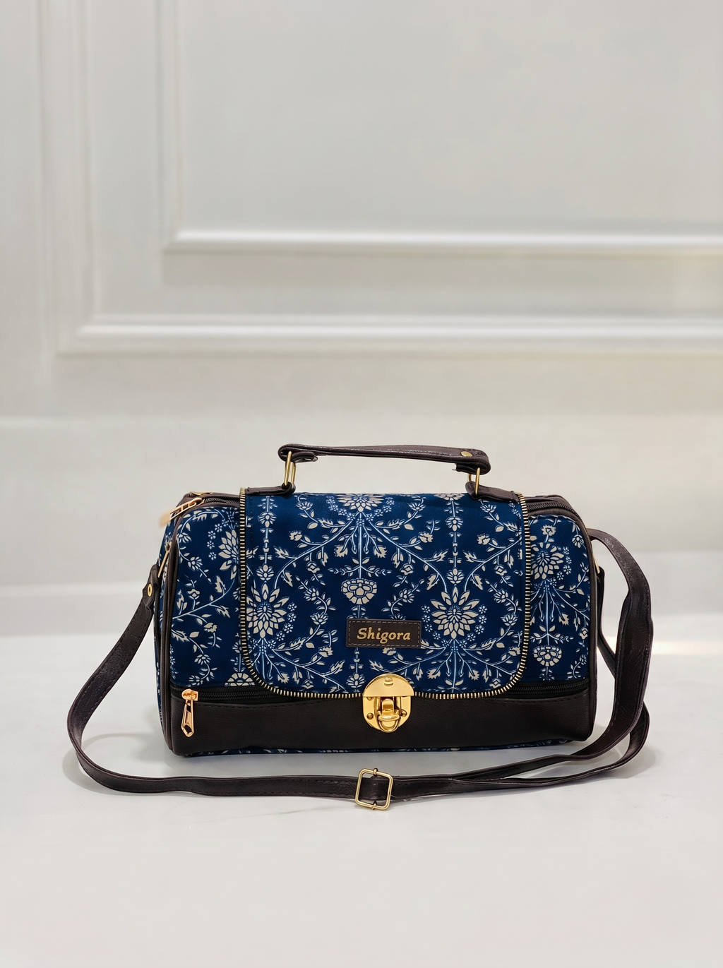 Blue Floral Print Large Satchel Bag