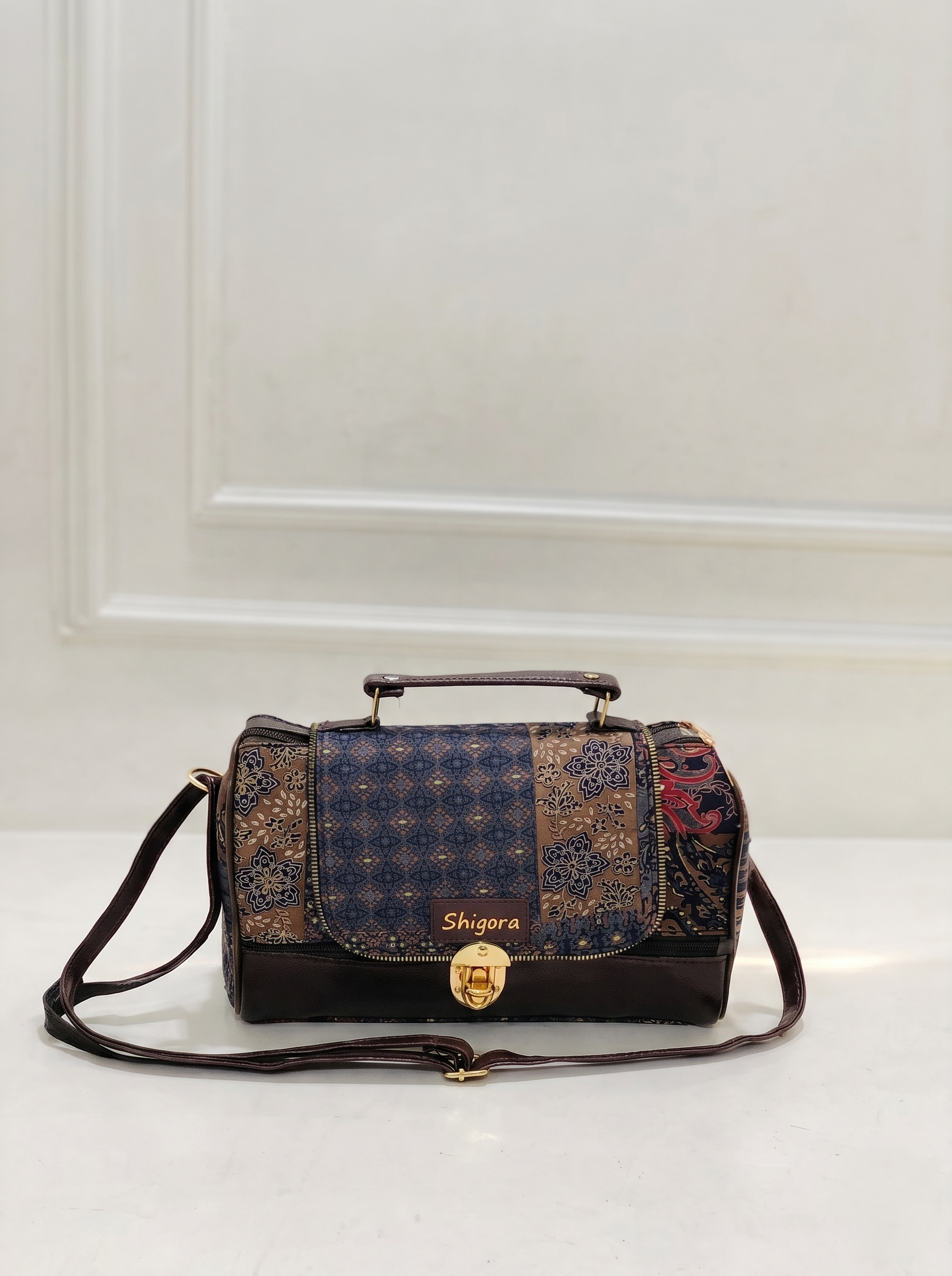 Brown Heritage Print Large Satchel Bag