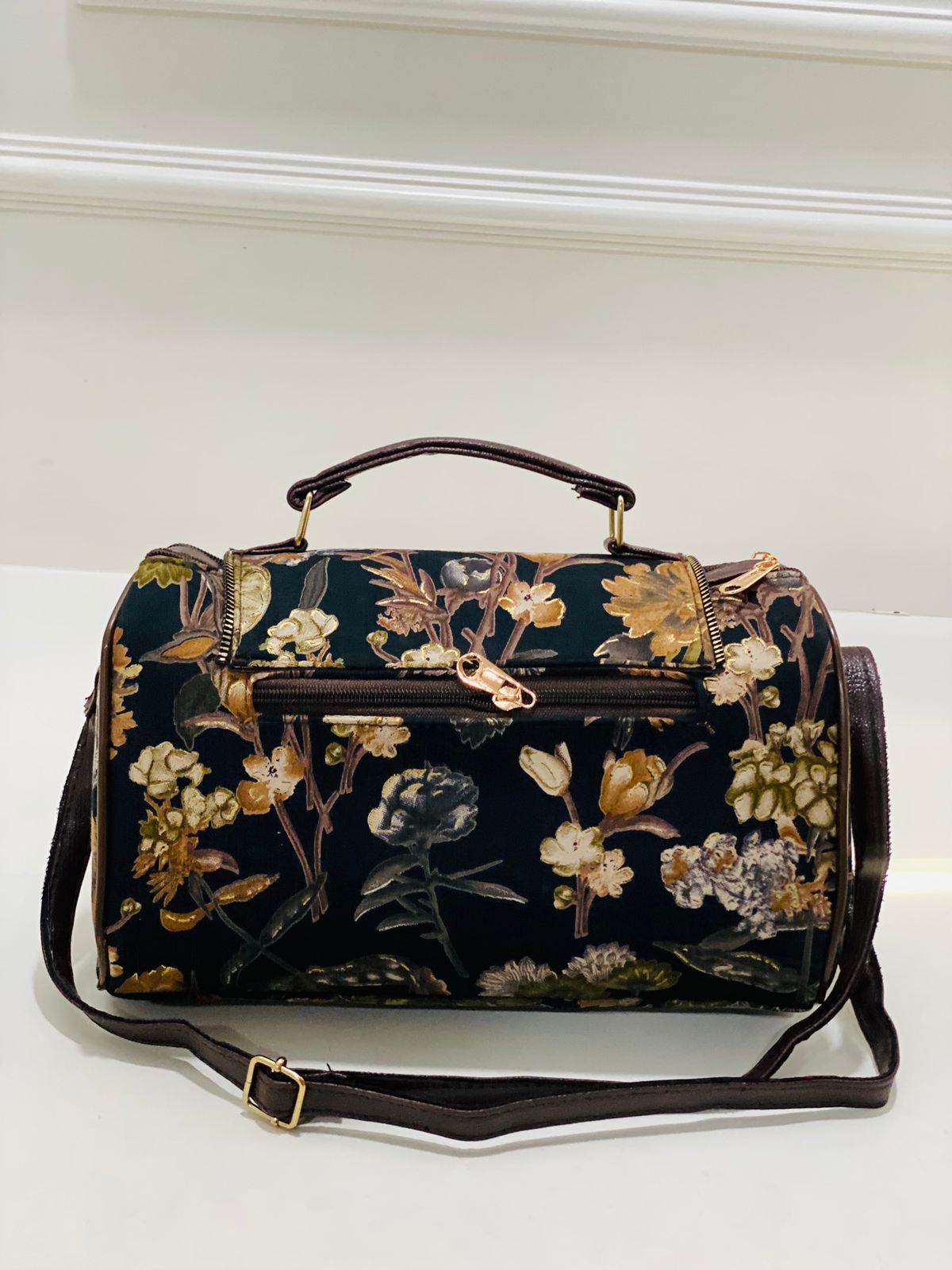 Dark Green Floral Print Large Satchel Bag