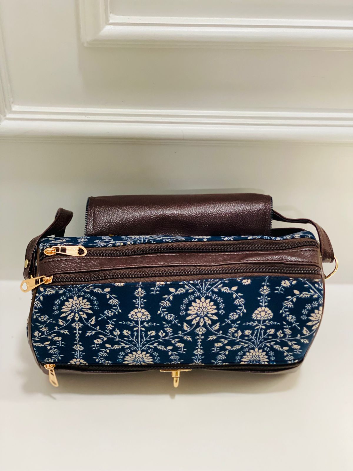 Blue Floral Print Large Satchel Bag