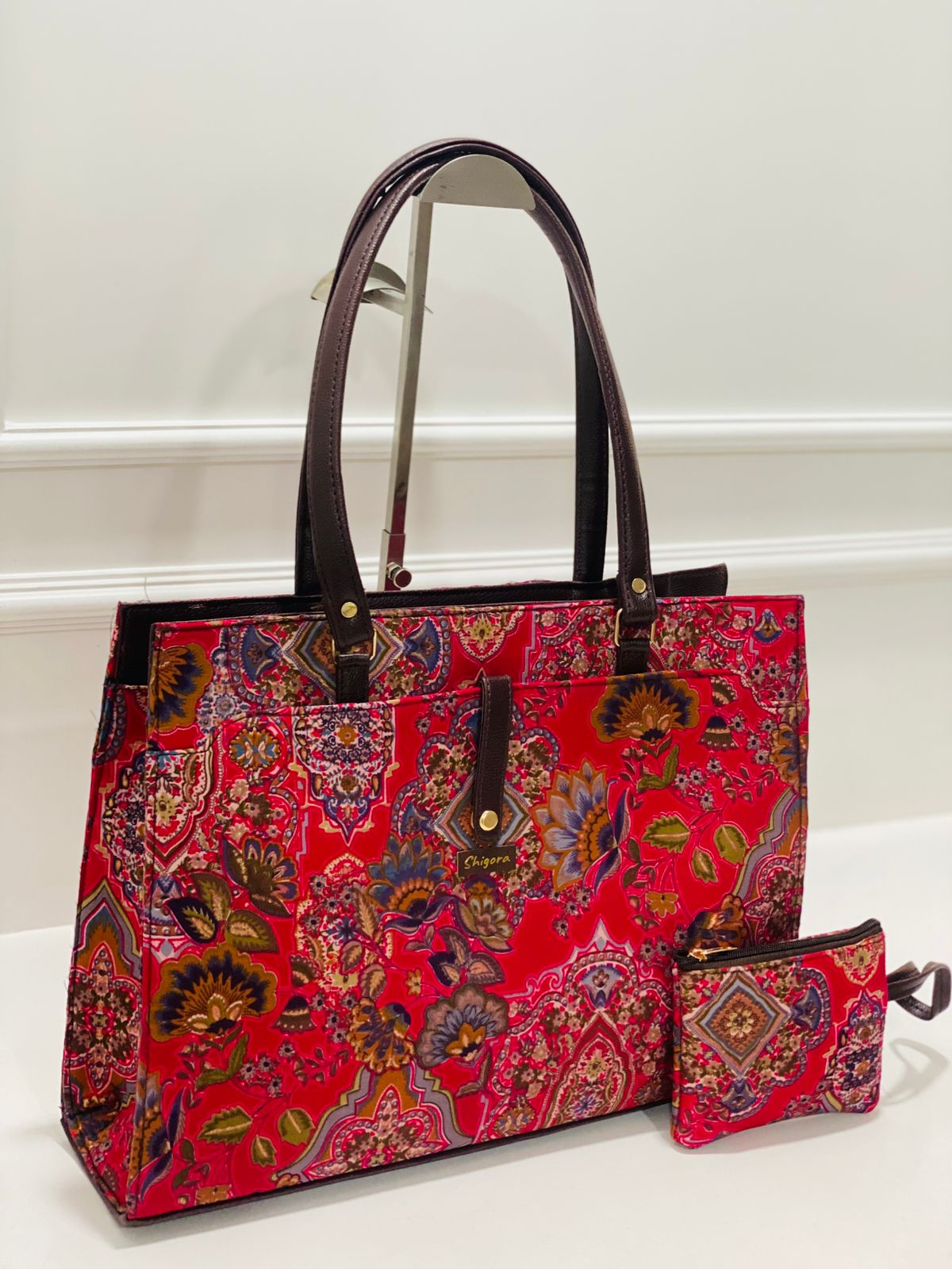 Red Floral Statement Laptop Bag With Pouch