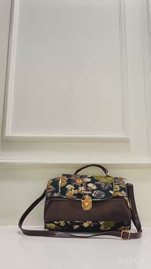 Dark Green Floral Print Large Satchel Bag